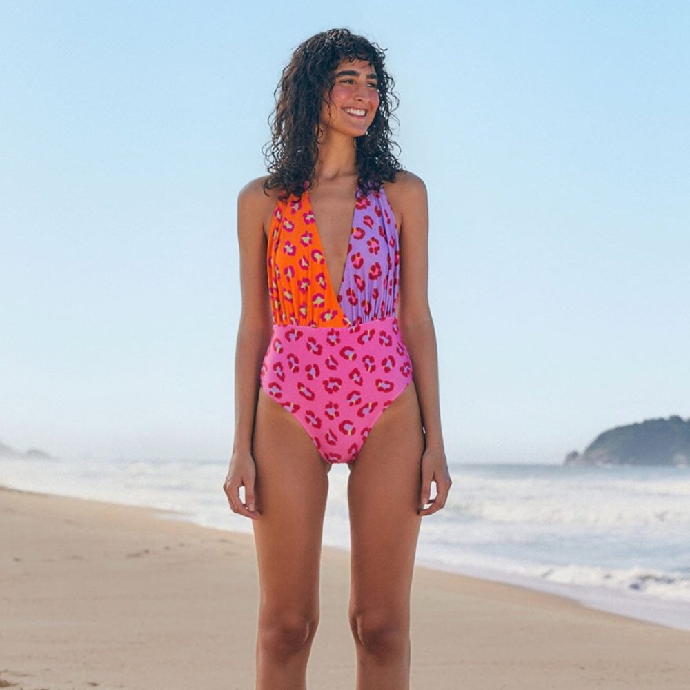 NEW FARM RIO Leopard Maxi Match One Piece Halter Swimsuit